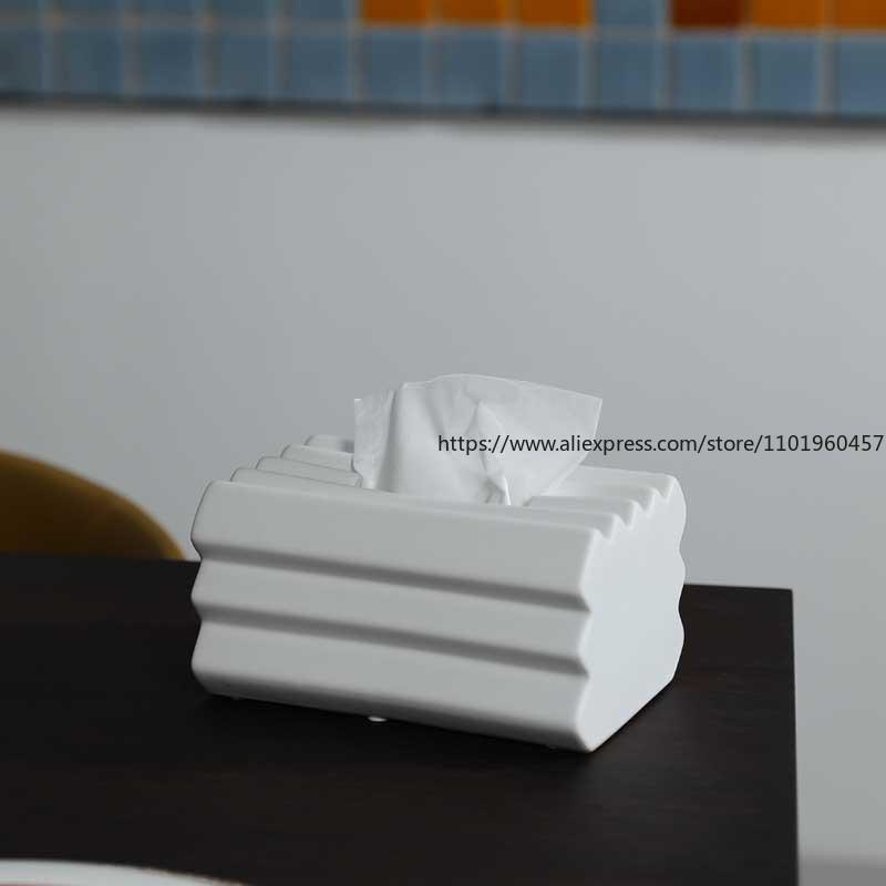 Nordic Light Luxury Striped Ceramic Tissue Box Ornament Tissue Storage Box Creative Design Sense Home Tea Table Decoration