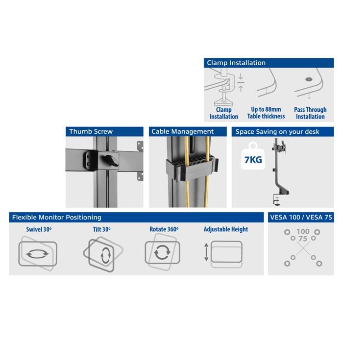 Support écran - ACT - AC8322 - Fixation pour 2 écrans jusqu'à 27'' - Réglable en hauteur - Noir