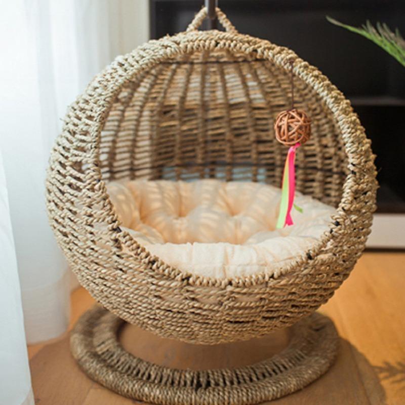 Cat Nest Hand Made Wicker Bed Basket Swing Pet House Nest for Small Dog Cat with Cushion Home Decoration Winter Season Universal