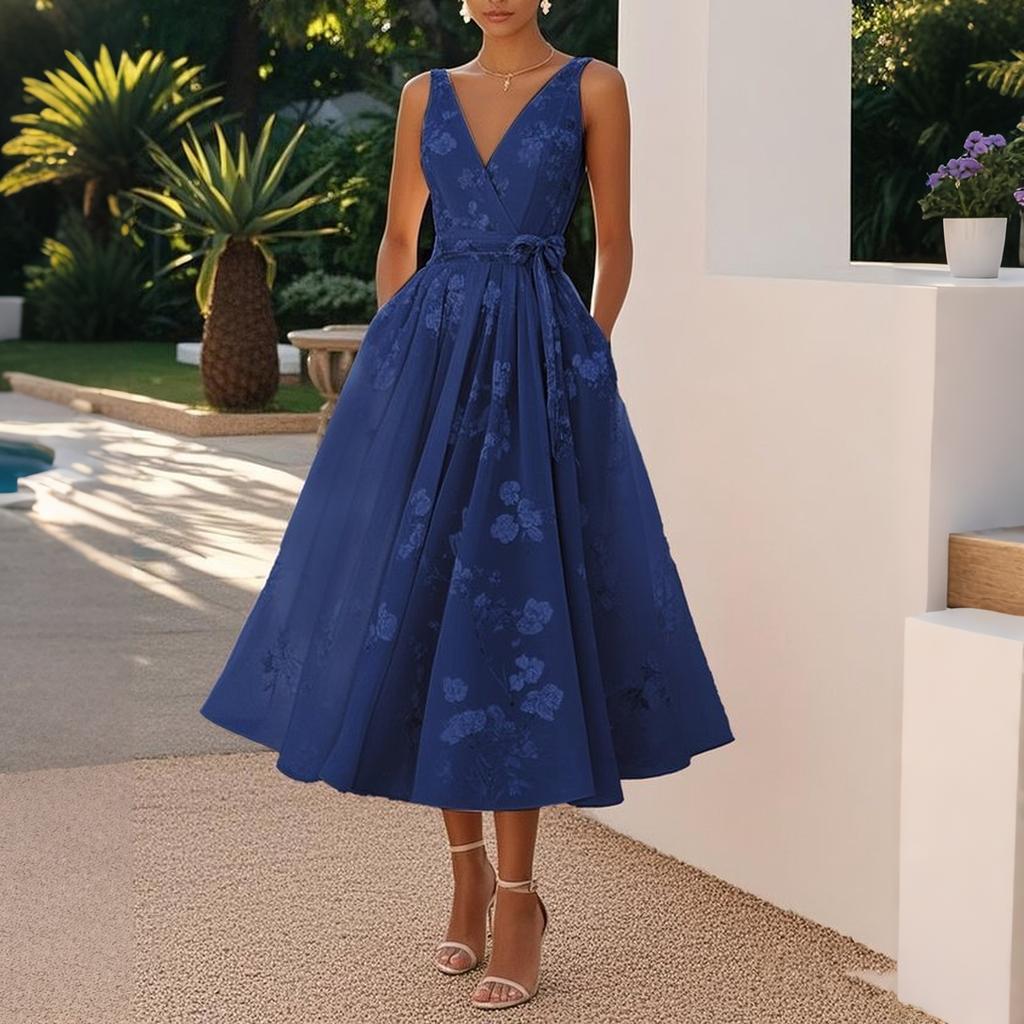 Sleeveless V Neck Floral Print Midi Dress Wrap Waist Tie Elegant Evening Party Dress for Women