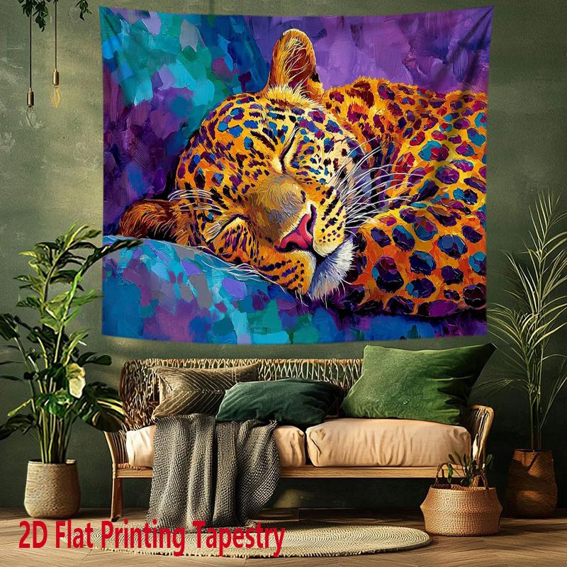 1Pcs Colorful Oil Painting Leopard Tapestry, Sleeping Leopard Wall Hanging, Aesthetic Room Decor Suitable Offices Bars Party