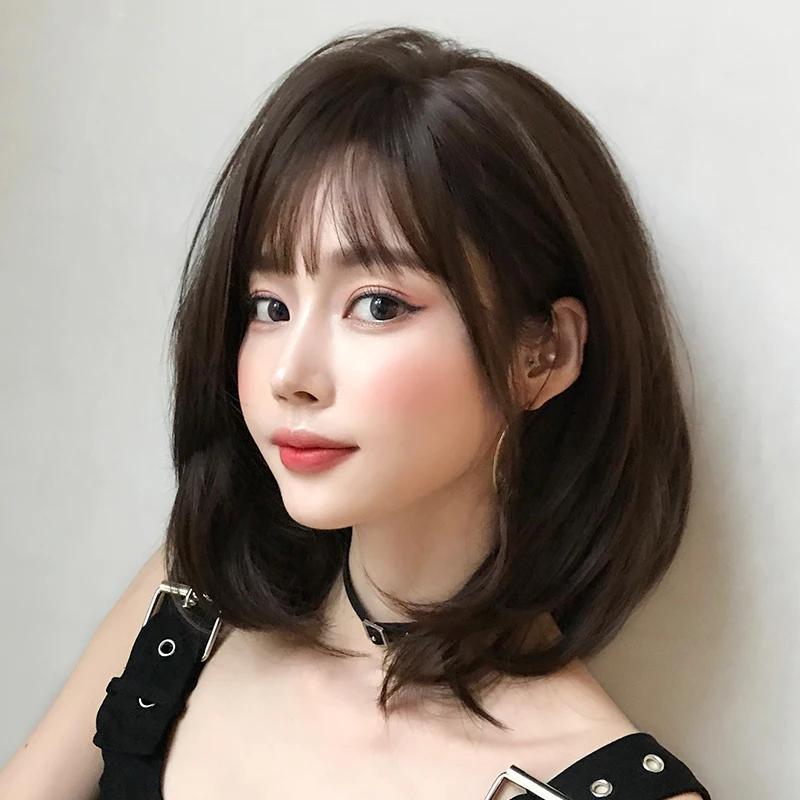 7jhh Wigs Short Straight Chocolate Bob Wig For Women Daily High Density Synthetic Layered Brown Hair Wigs With Neat Bangs