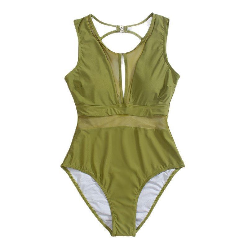 Womens One-Piece Swimsuit With Mesh Panel Solid Color Padded Bust Slimming Fit Swimming Beach Vacation