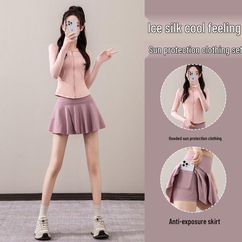 

Women s 2024 Summer Ice Silk UV Protection Quick-Dry Hooded Sports Outfit Medium