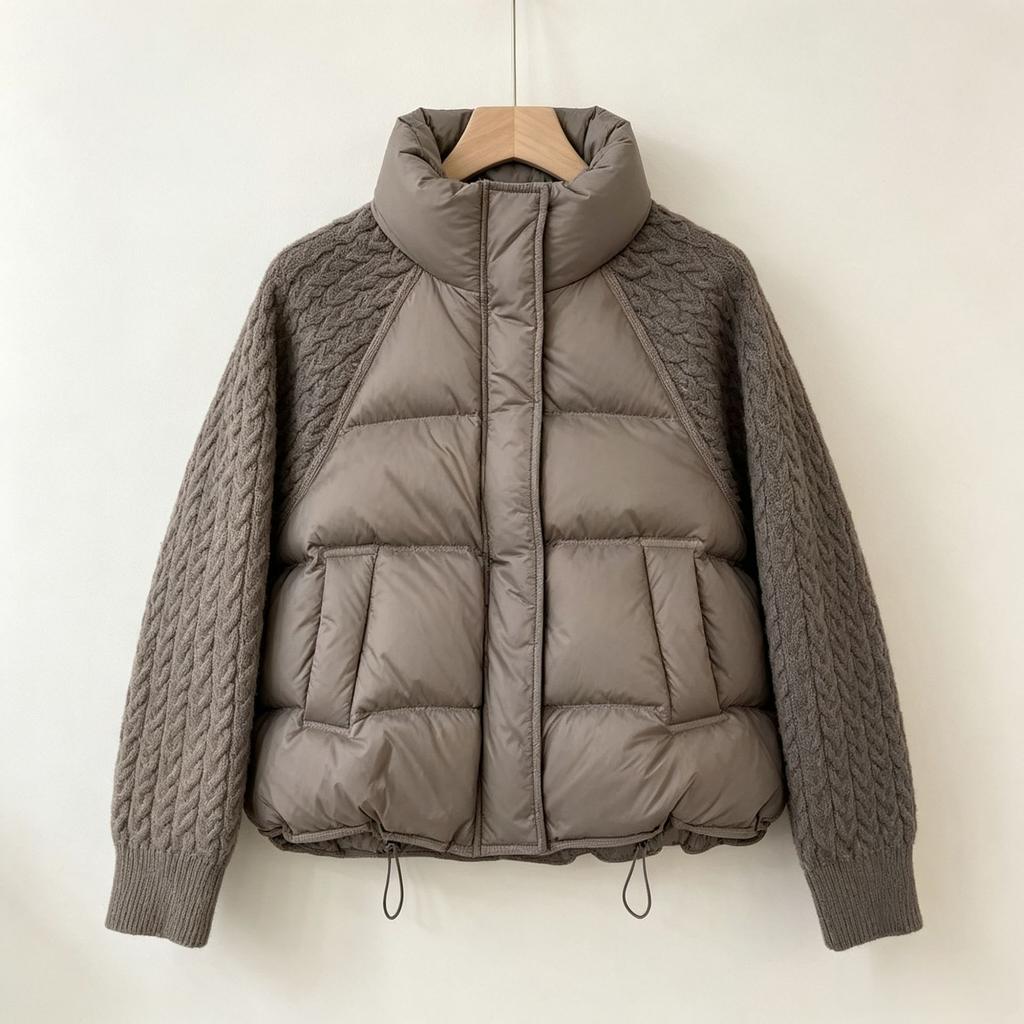 Autumn and Winter New Stand-up Collar Knitted Sleeve Splicing Down Jacket Women's Short Korean Version Versatile White Duck Down Jacket Tide