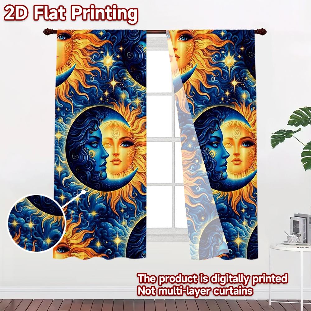 2D FLAT PRINTING 2pcs Curtains (Without Rod) Sun and Moon Faces Popular Creative Curtains Versatile Polyester Fabric Curtains