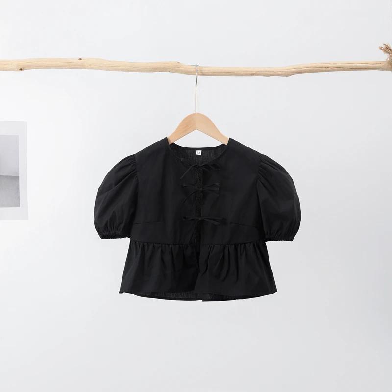 Leopard Bow Lace Up Women Shirts Blouses 2024 Loose Solid Puff Sleeve Pleat Shirt Top Spring Summer New Cropped Lady Streetwear