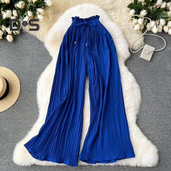 Pantaloni pentru femei cu talie înaltă elastică, cu șnur ajustabil, stil plisat, pantaloni largi, pantaloni casual de culoare solidă