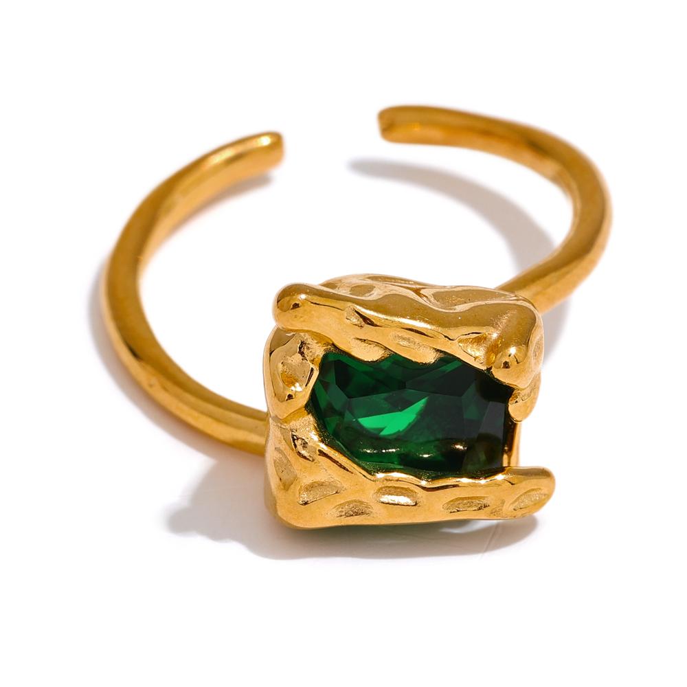 

Yhpup Black Green Cubic Zirconia Stainless Steel Square Open Ring 18K Gold Plated High-Grade Creative Waterproof Jewelry Women 7