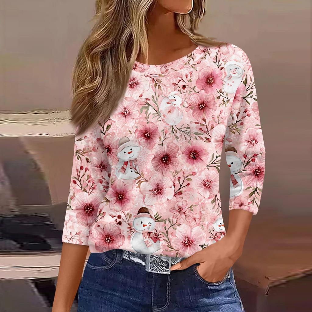 3/4-ermet damebluser blomstermønstret vintage mote avslappet løs med rund hals pluss størrelse skjorter