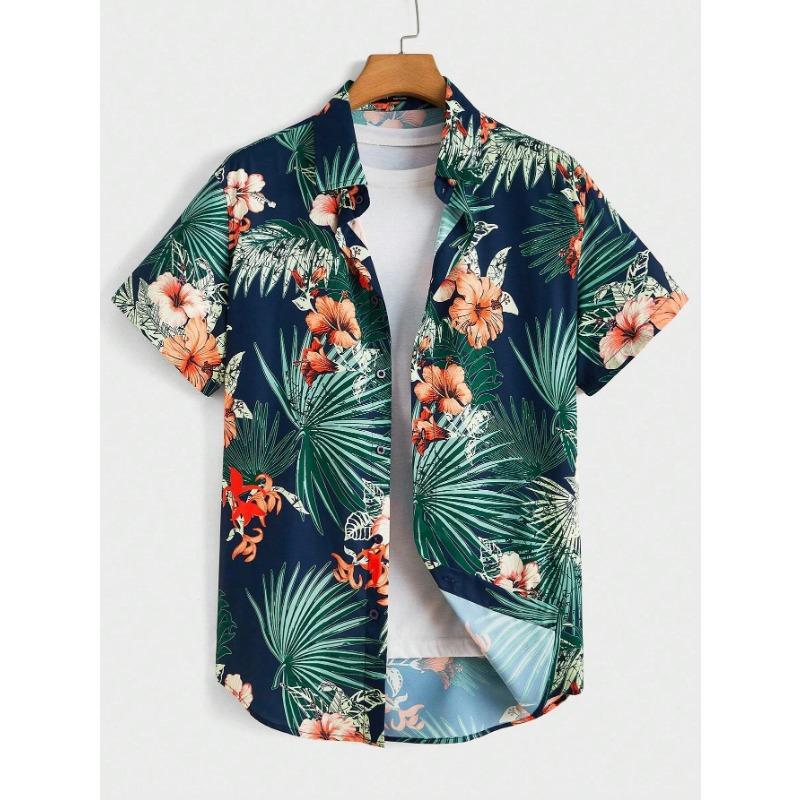 Hawaiian Botanical Flower Print Men's and Women's Short Sleeve Lapel Seaside Button-Down Shirt Top Casual Fashionable Shirts