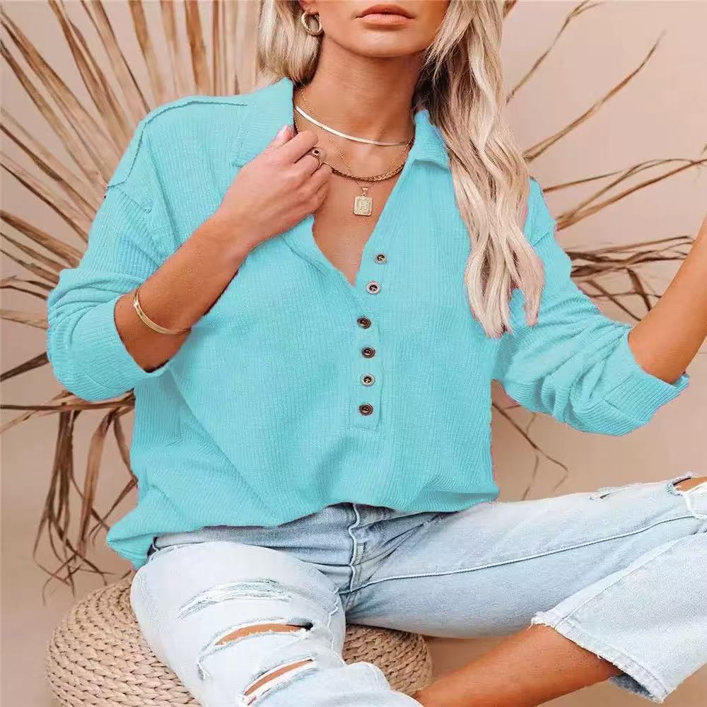 

GMXIA женские модные повседневные весенне-осенние однотонные блузки и рубашки с длинными рукавами и воротником-поло с принтом M небесно-голубой