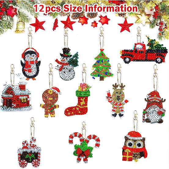 12pcs/Set DIY Diamond Painting Christmas Keychains Double Sided Crystal Rhinestones Key Chains Diamond Art Christmas Ornaments YSK161