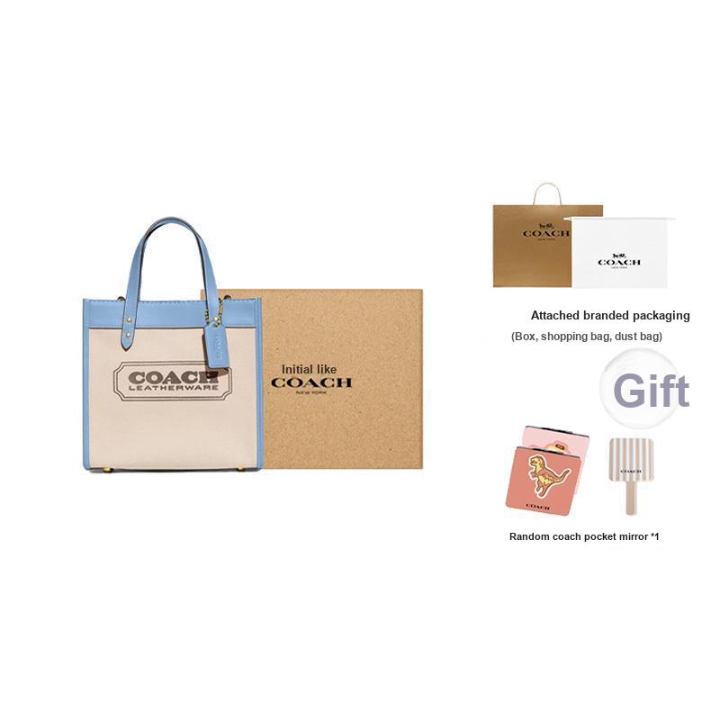 Coach Field 22 Logo Badge Quilted Snap Fabric And Leather Tote Bag Women Tote Bags Khaki Blue CH740-B4VPK