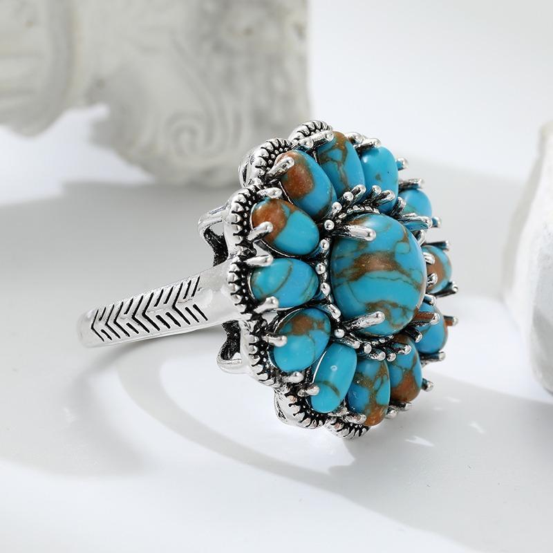 Vintage Inlaid Imitation Turquoise Flower Women's Ring Ethnic CopperColor Geometry Daily Wear Party Jewelry Anniversary Gift