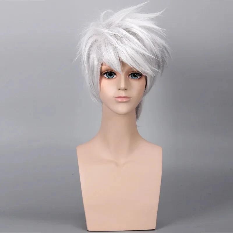 Anime Hatake Kakashi Short Synthetic Wigs Silver White Layered Heat Resistant Hair Cosplay Costume Wig