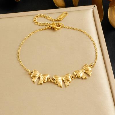 Gold Plated Stainless Steel Bow Charm Bracelet for Women