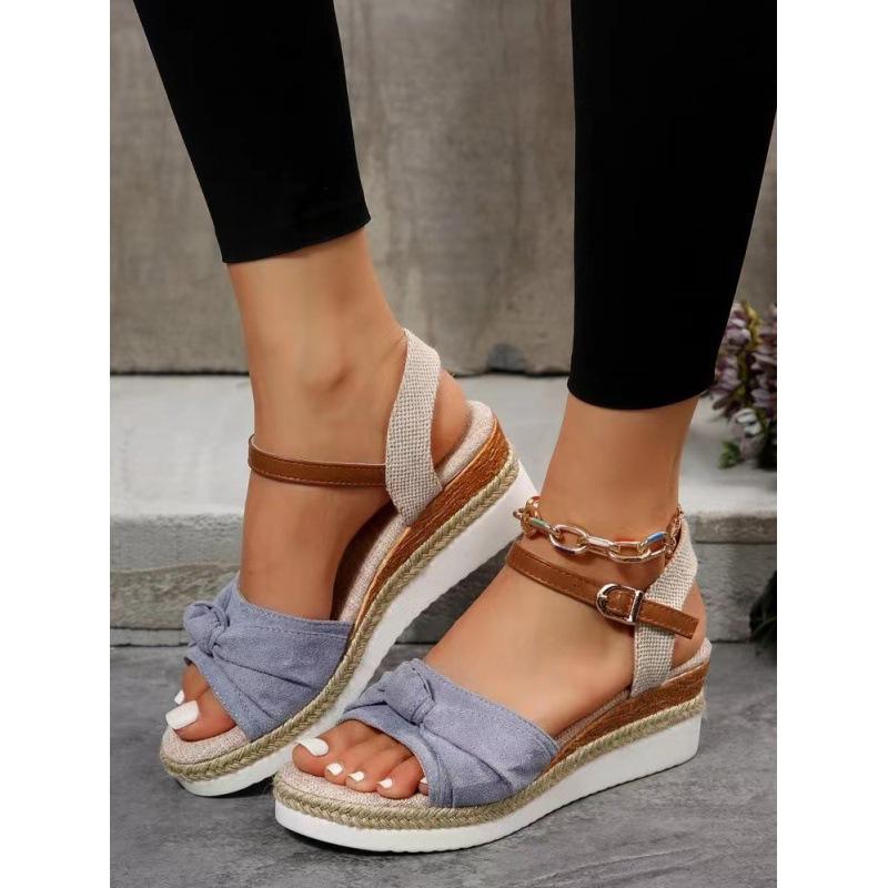 New sandals women's bow hemp rope bottom light casual fish mouth thick bottom cool