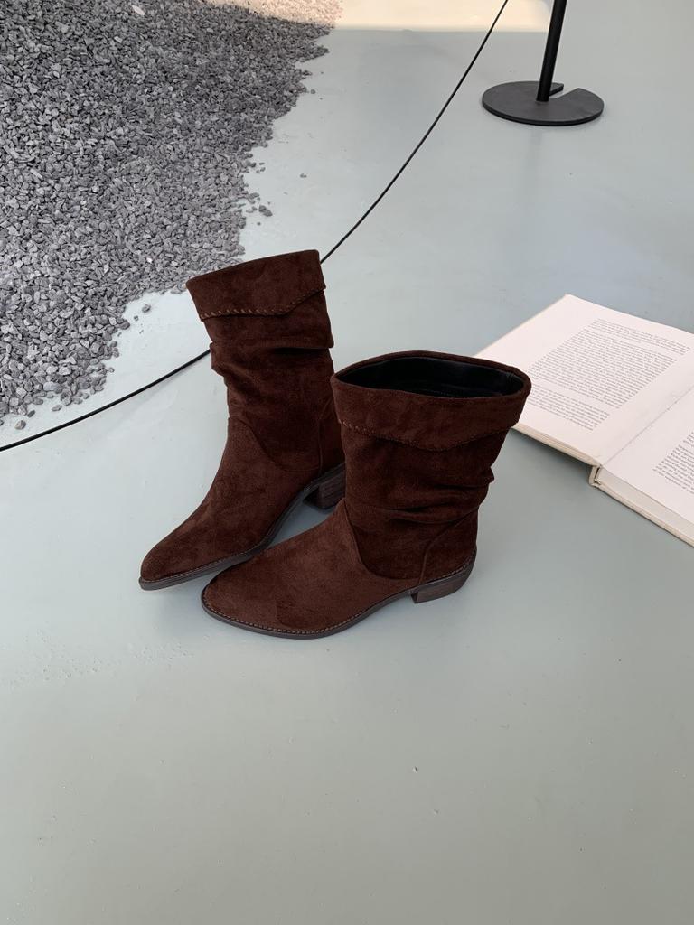 Coarse Heel Suede Pile Boots Medium Boots Martin Boots Women's Boots 2025 Autumn/Winter Coffee Color Maillard Skinny Boots Short Boots