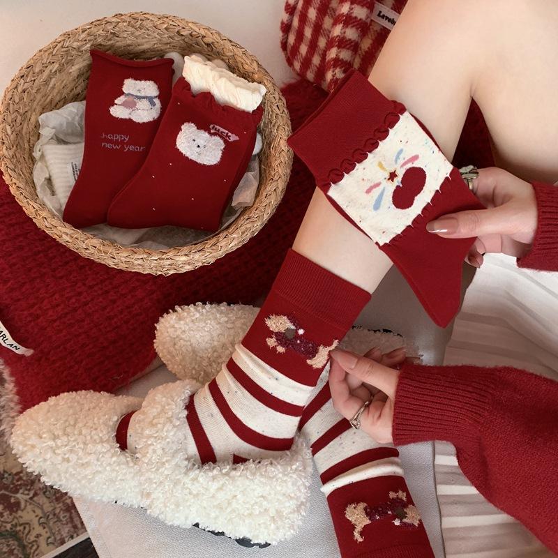 Berry Red Series Socks Season Korean Bear Versatile Stacking Socks New Year'S Socks