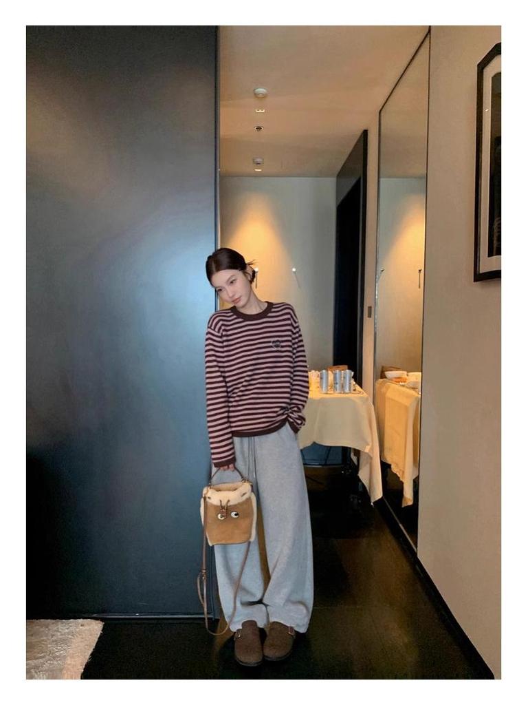 700g Lambswool Heavyweight Fleece Brushed Women's High-Waist Wide-Leg Warm Trousers