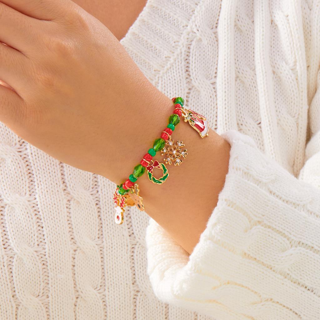 Cute Christmas Beaded Metal Bracelet for Women Xmas Santa Claus Crystal Snowman Elk Festival Jewelry Party Fashion Unisex Gifts