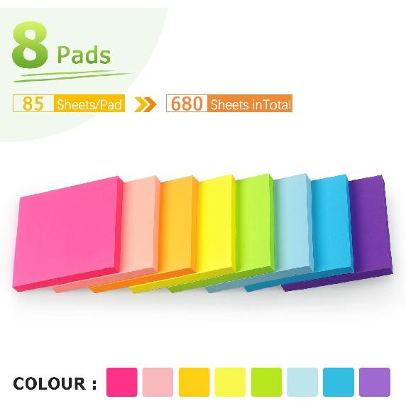 Sticky Notes 3x3 inch Bright Colors Self-Stick Pads 8 Pads/Pack 85 Sheets/Pad Total 680 Sheets