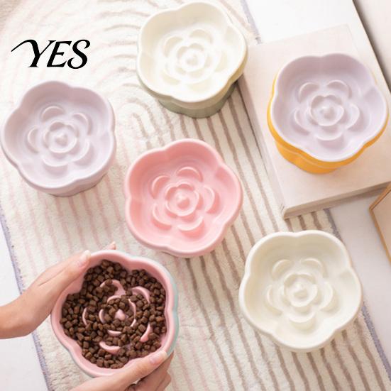 Vomiting Prevention Pet Bowl Ceramic Slow Feeder Bowl, Dogs Cats Anti-Choking Eating Food Elevated Feeding for Dry & Wet with Rose Pattern