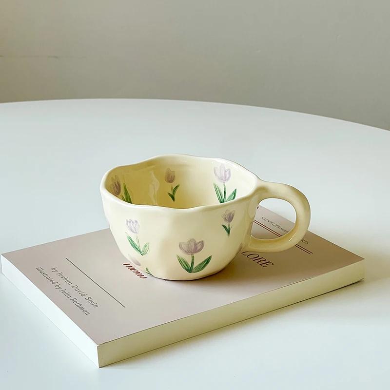 Ceramic Mugs Coffee Cups Hand Pinched Irregular Flower Milk Tea Cup Ins Korean Style Oatmeal Breakfast Mug Drinkware Kitchen