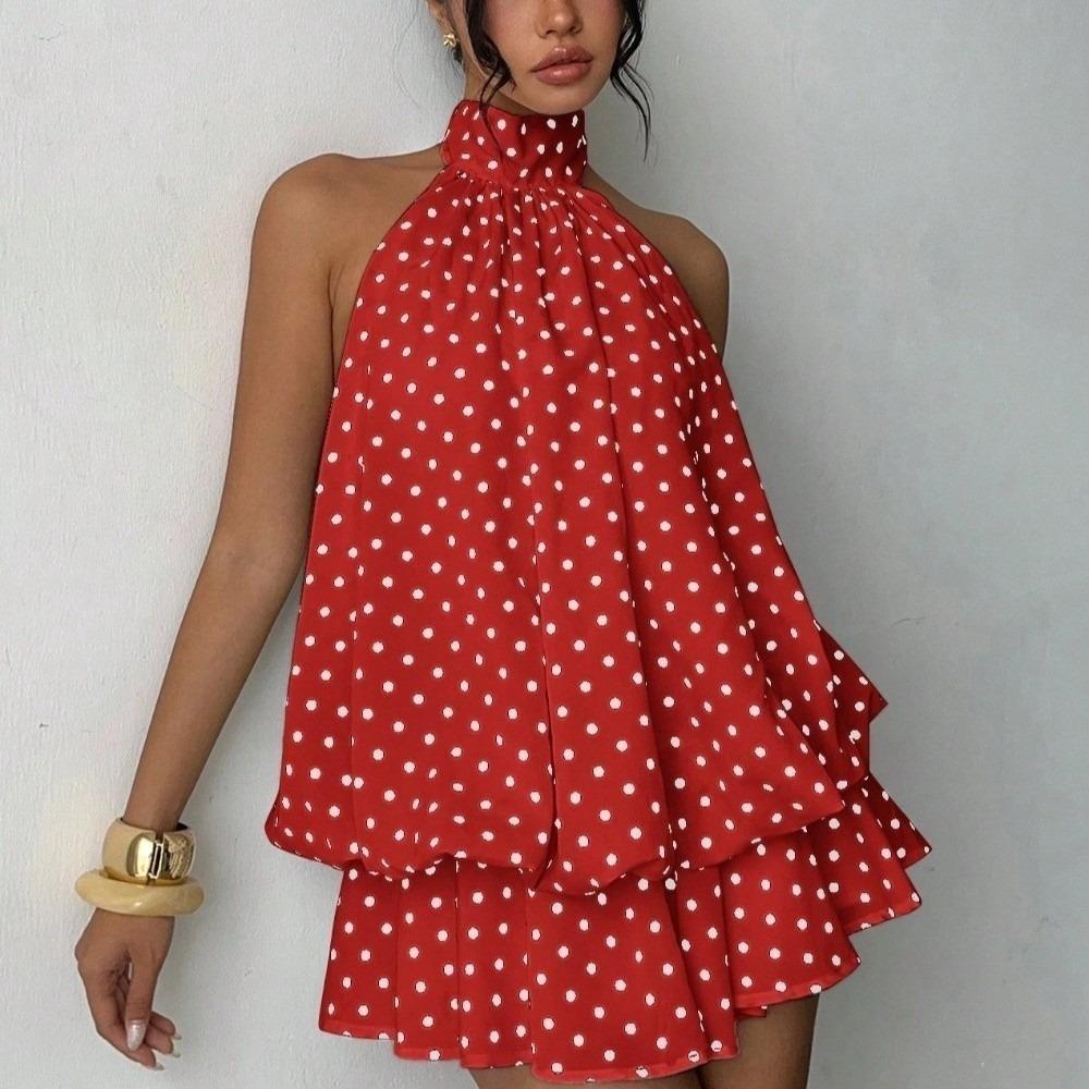 Backless A Line Halter Dress Sleeveless Chiffon Dress Fashion Polka Dot Dress  Summer S