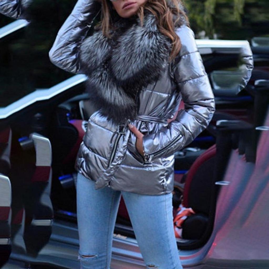 Winter Casual Overcoat Bright Surface Women Jacket Skin Touch Belt Great Faux Fur Collar Lady Puffer Cotton Coat Parka
