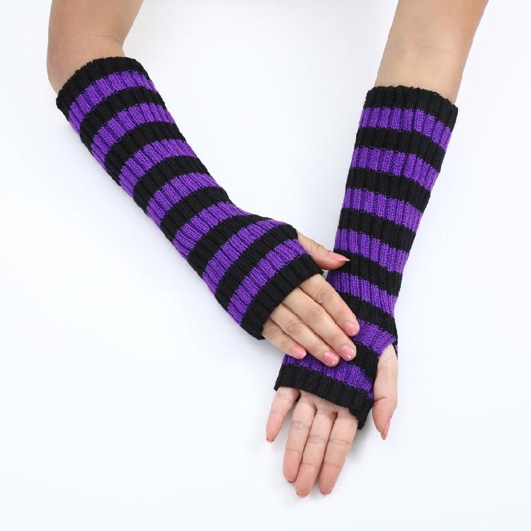 Teenagers Winter Half Finger Mitten Stripe Pattern Knit Keep Warm Lengthen Wrist