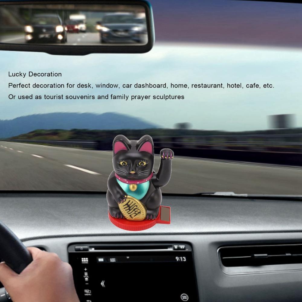 Plastic Rotatable Base Fortune Cat White & Gold & Black Car Dashboard Cat Ornament Home Decoration