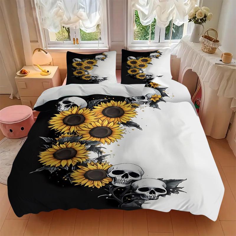 3pcs Skull Sunflower Design Duvet Cover Set - Machine Washable, Includes 1 Cover and 2 Pillowcases, No Core Included Yy251013143