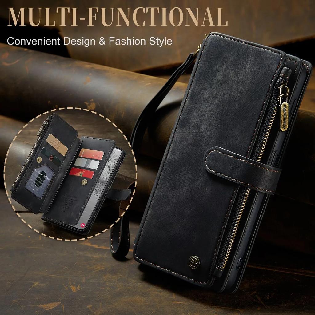Leather Zipper Purse Phone Case for iPhone 17 Air 16E 16 15 14 12 13 11 Pro Max XS XR 8 7 Plus Flip Card Lanyard Wallet Cover