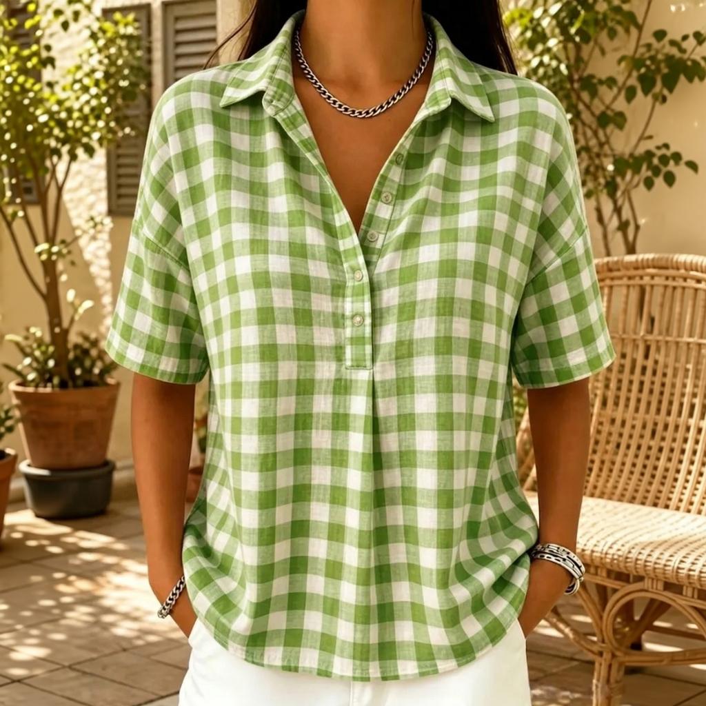 Women Casual Plaid Short Sleeve Shirt Half Button Down Collar Relaxed Fit Lightweight Blouse for Everyday Wear