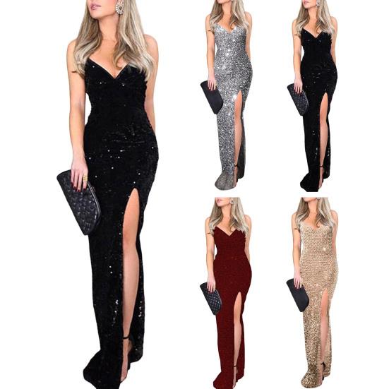 Women Evening Dress Shiny Sequin Deep V Neck Backless Sleeveless Adjustable Spaghetti Strap High Split