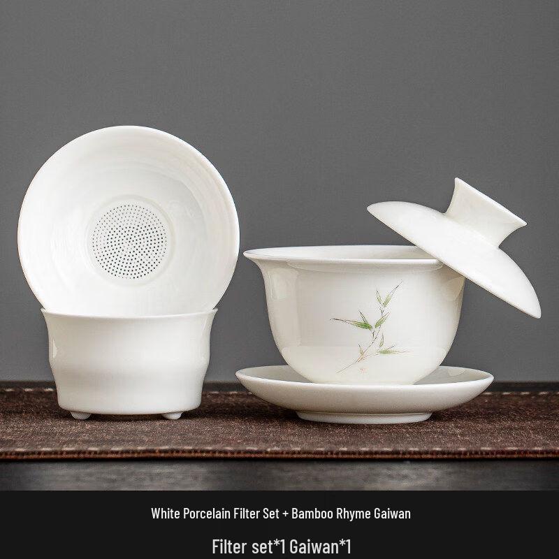 White Porcelain Gaiwan Tea Set with Bamboo-Inspired Filter