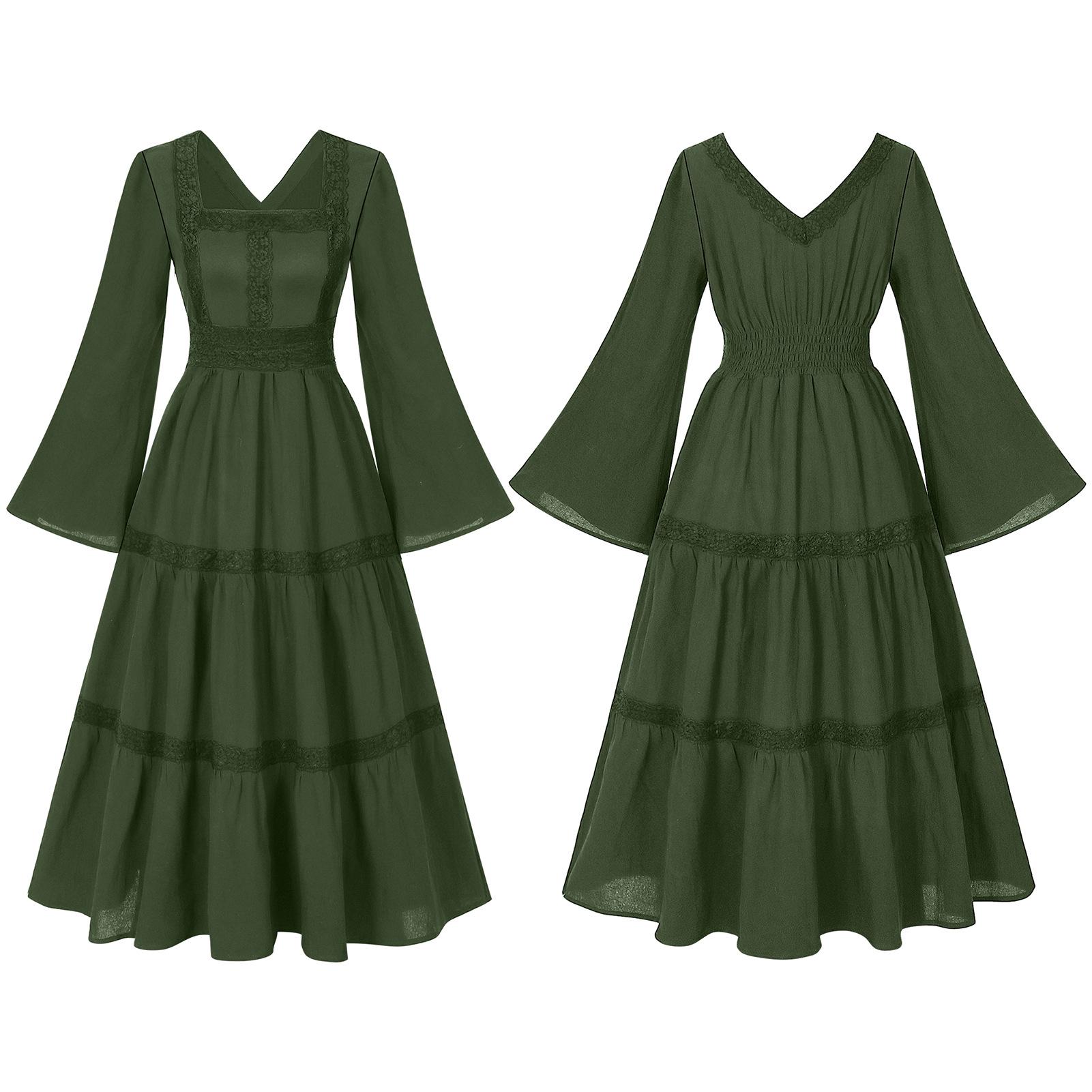 European & American Women s Flare Sleeve Lace Trim Square Neck Long Dress - Halloween Gown XL
