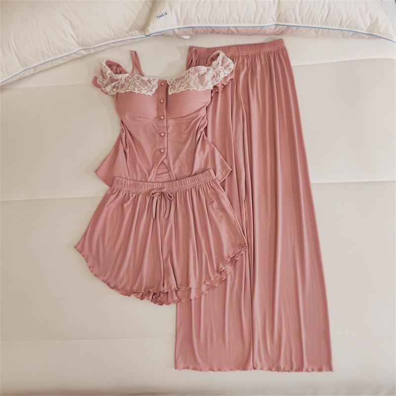 Women's Lace Camisole Sleepwear Set with Chest Pads - Sweet & Sexy Spring/Summer Homewear.