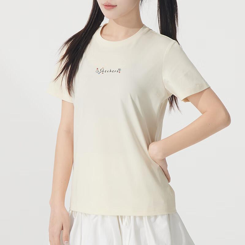Skechers Fashion Sports Series Comfortable Breathable Casual Short Sleeve T-Shirt Women Tops Cream Beige P225W304-00NA