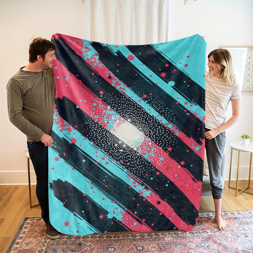 1pc Abstract Art Throw Blanket - Soft Flannel All-Season Cozy Blanket with Black/Red/Blue Color Block Design, 100% Polyester, Ma