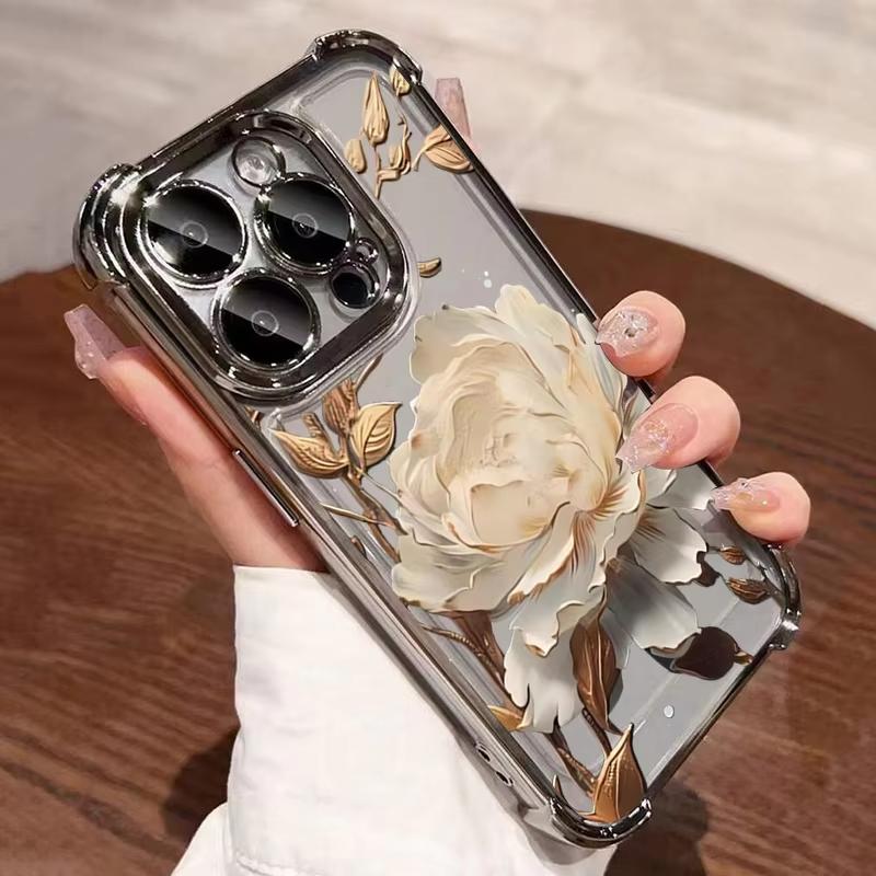 Elegant Golden Lotus Flower Plating Phone Case for Samsung S25 S24 S23 S22 S21 S20 Note20 FE Ultra Plus 5G Airbag Cover