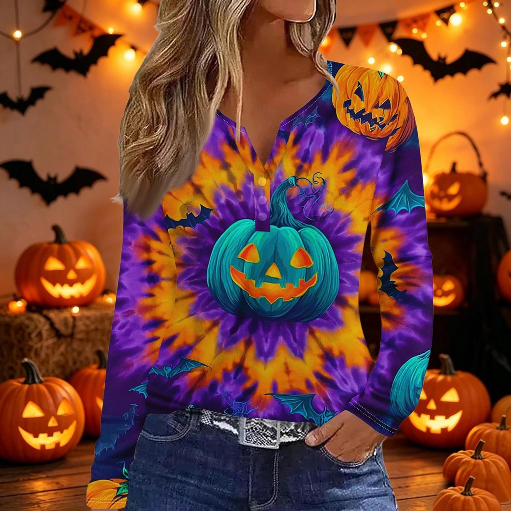 Women's Halloween Print V-Neck Long Sleeve T-Shirt with Button , Casual Fashion Top for Holiday Costume Party