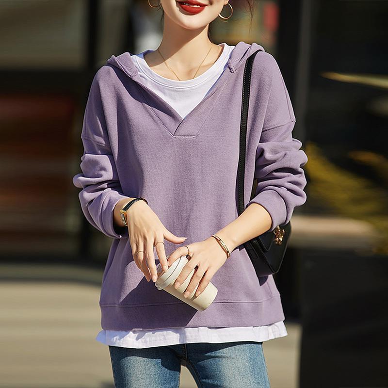 

Women s Casual Slimming Patchwork Long Sleeve Hoodie - Two-Piece Look, Loose Fit, XL Mid-Length for Spring/Autumn M (suggested for up to 60 kg)
