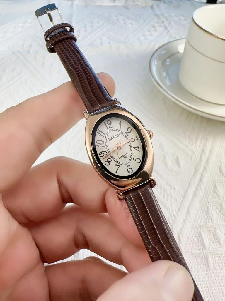 Vintage Design Classic Watch Fashion Oval Number Dial Quartz Watches Brown Leather Band Wristwatch Montre Femme Dropshipping