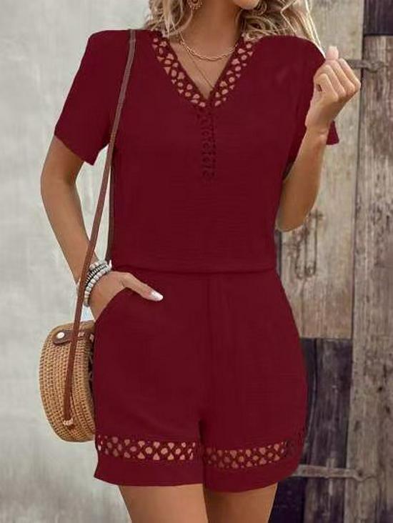 

2025 Summer V-Neck Hollow Short Sleeve Solid Color Women s Casual Sexy Two-Piece Set Large вино красного