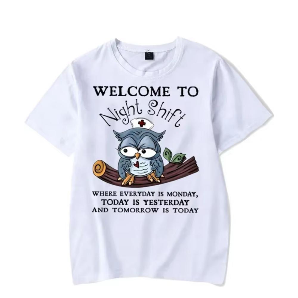 Men's T-shirt Welcome To Night Shift Kawaii T Shirt Men Women Tshirt Funny Owl Graphic Shirts Harajuku Shirts Anime Tee Clothes