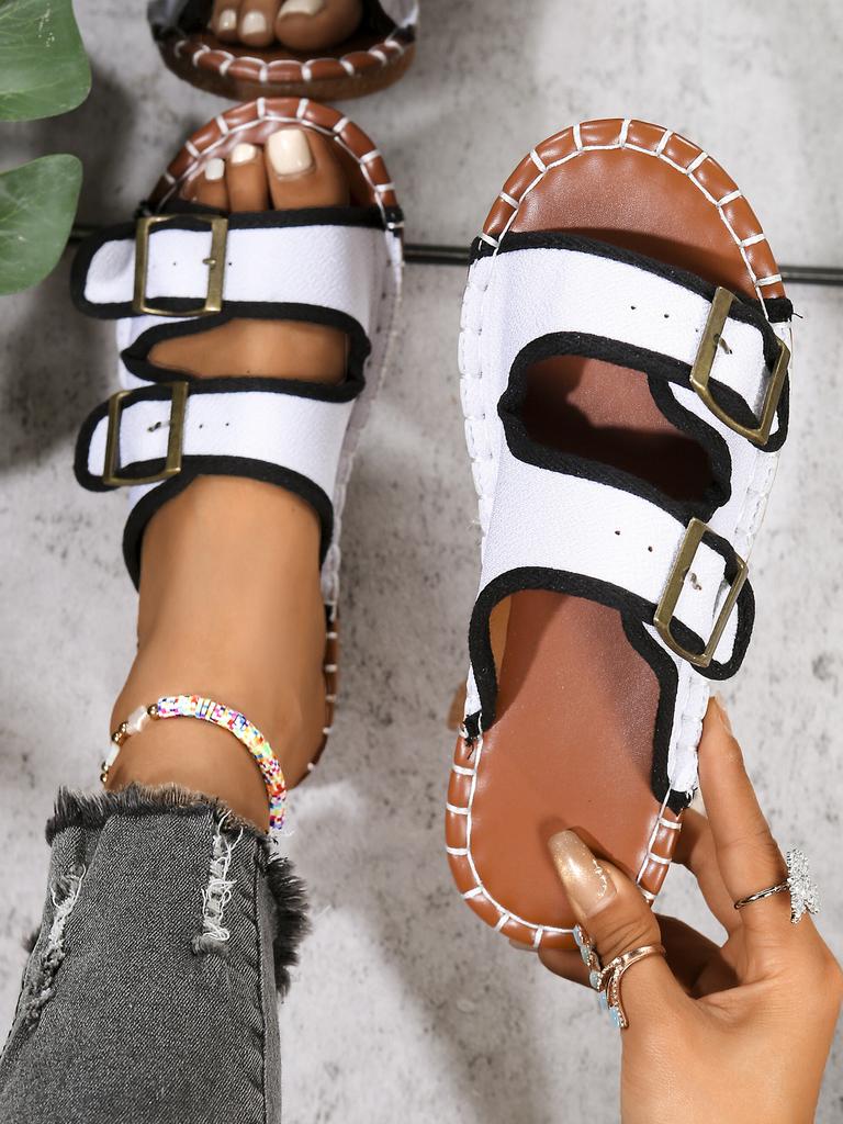 Slippers women's foreign trade spring and summer new round head soft bottom double buckle one-word outer wear beach cool slippers