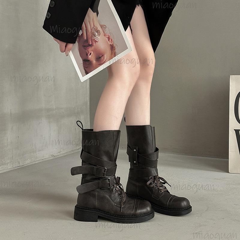 Design Metal Belt Buckle Mid Calf Boots Women 2025 Punk Medium Heel Western Cowboy Boots Autumn Winter Shoes Women 35 36